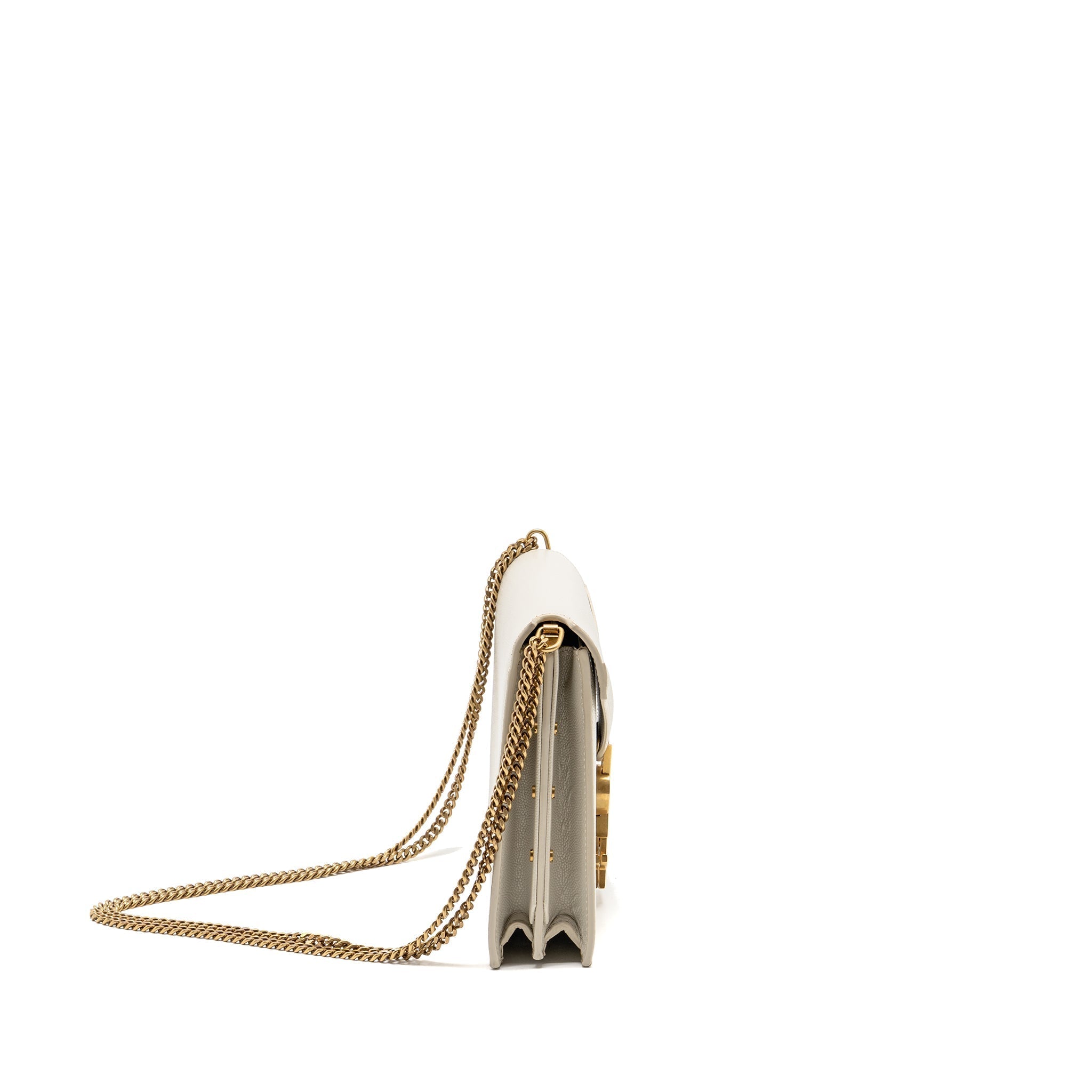 SAINT LAURENT/YSL CASSANDRA CHAIN WALLET GRAINED CALFSKIN CREAMY WHITE GHW