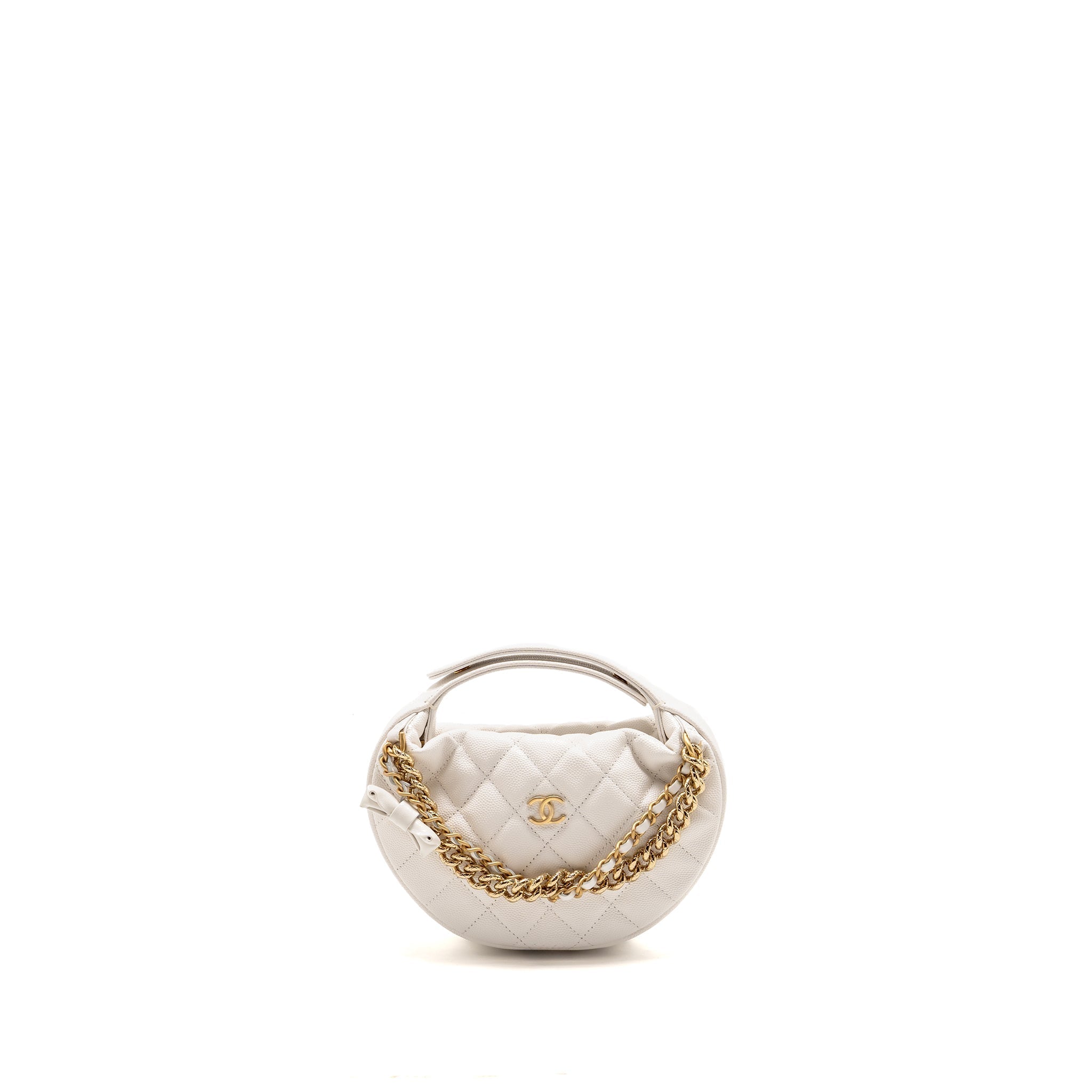 CHANEL 24S MINI ROUND BOW POUCH BAG WITH CHAIN CAVIAR WHITE GHW (MICROCHIP)