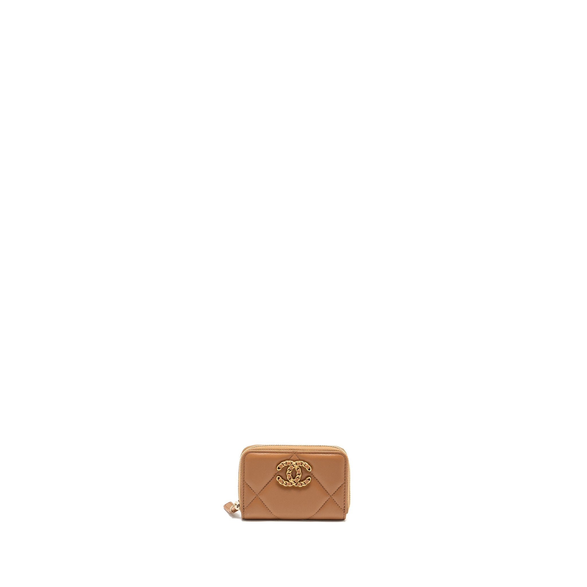 CHANEL 19 ZIP CARD HOLDER LAMBSKIN BEIGE GHW (MICROCHIP)