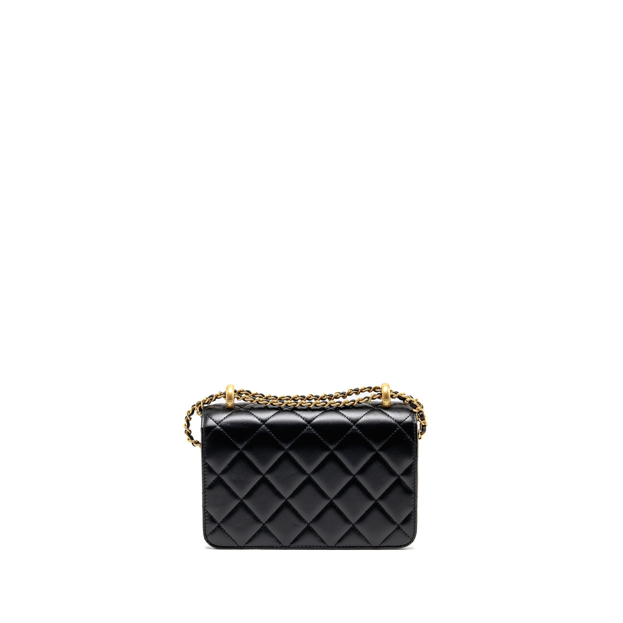 CHANEL GOLD CRUSH MINI FLAP BAG CALFSKIN BLACK GHW (MICROCHIP)