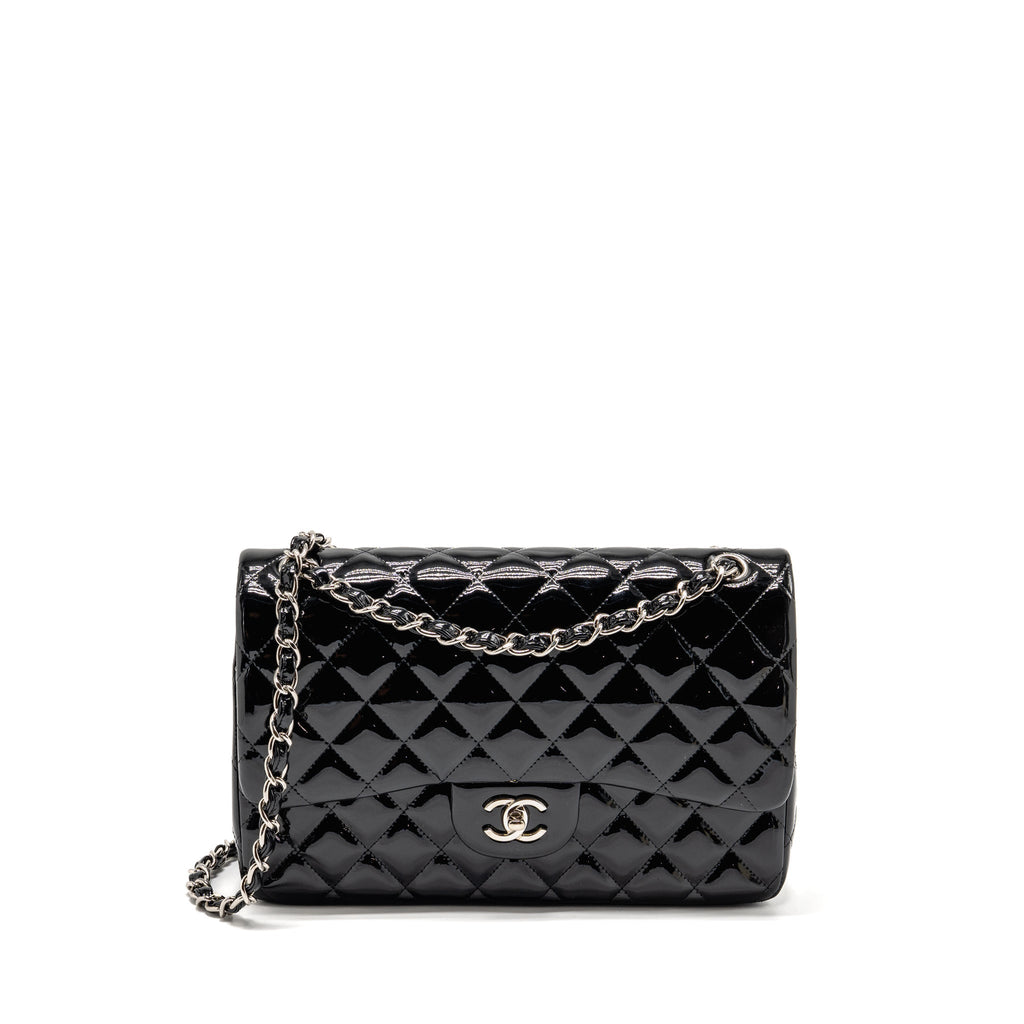 CHANEL JUMBO CLASSIC DOUBLE FLAP BAG PATENT BLACK SHW
