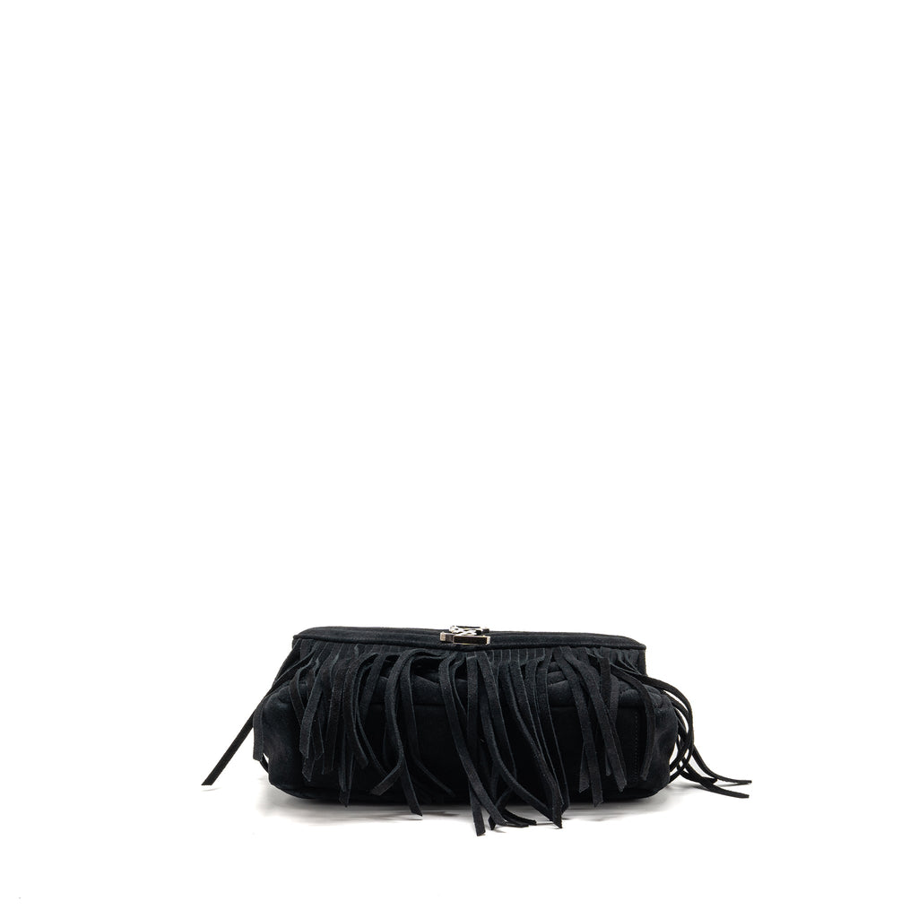 Saint Laurent/YSL Medium Chevron Fringe College Bag Suede Black Ruthenium Hardware
