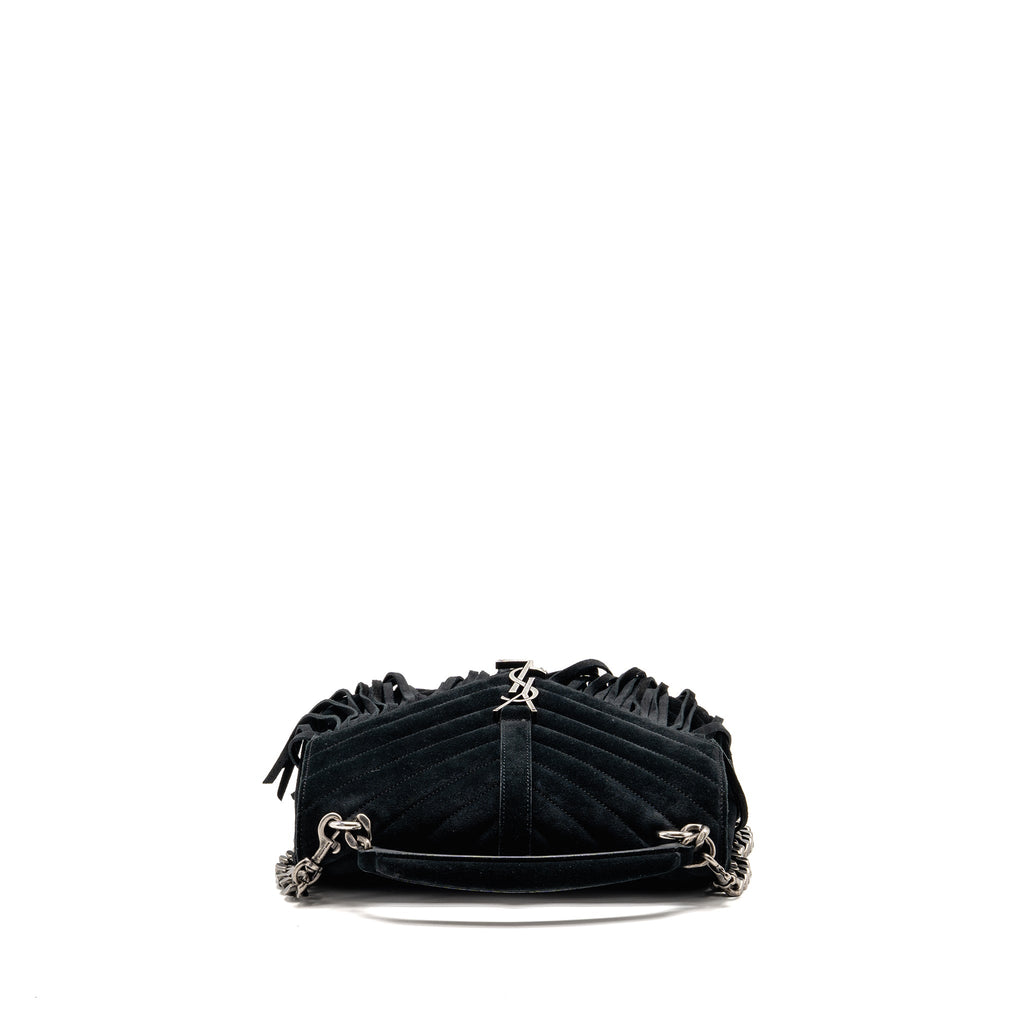 Saint Laurent/YSL Medium Chevron Fringe College Bag Suede Black Ruthenium Hardware