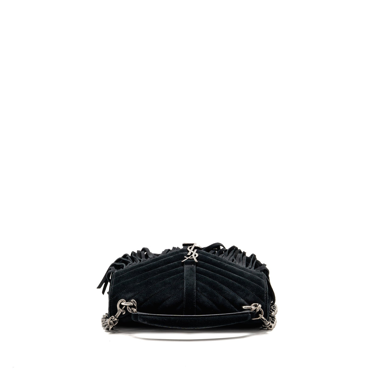 Saint Laurent/YSL Medium Chevron Fringe College Bag Suede Black Ruthenium Hardware