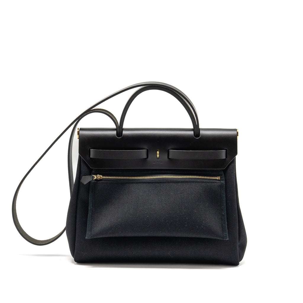 HERMES HERBAG 31 ZIP BAG CANVAS/ HUNTER LEATHER BLACK GHW