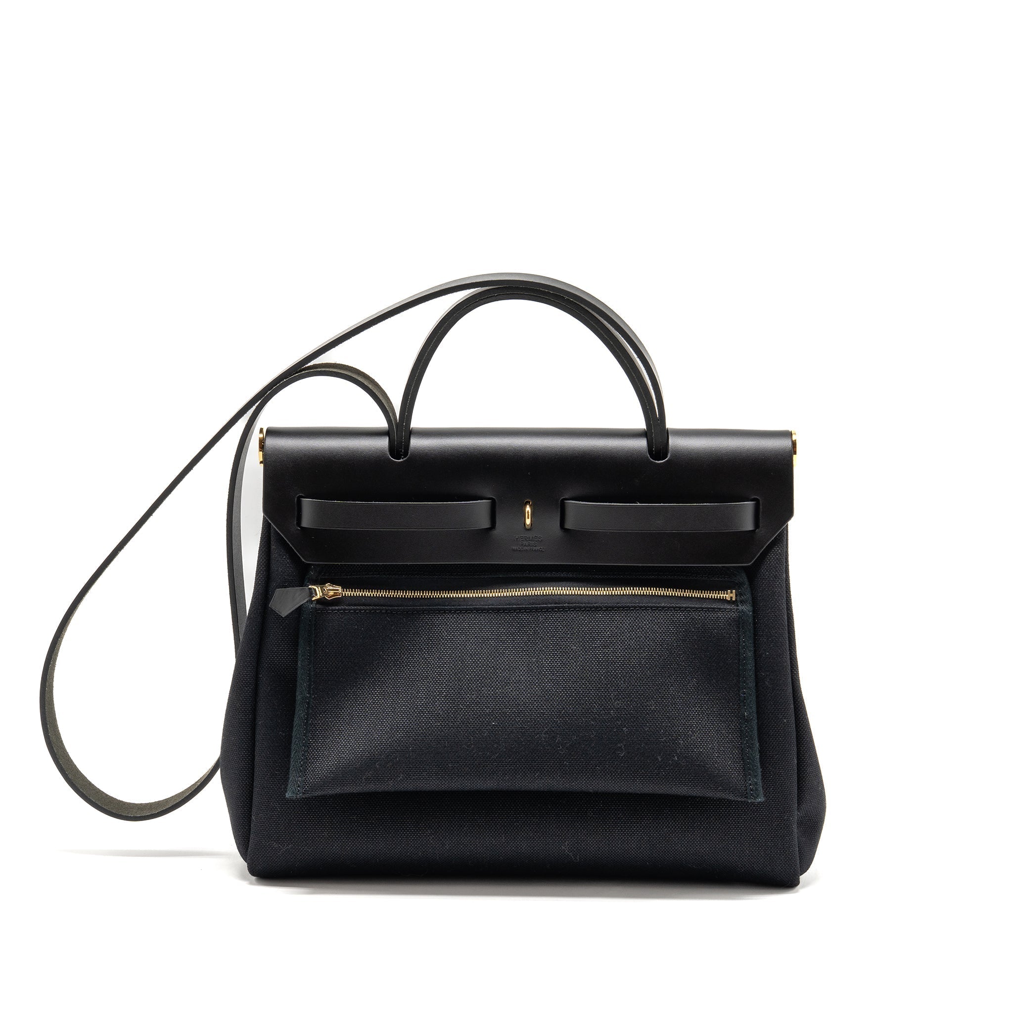 HERMES HERBAG 31 ZIP BAG CANVAS/ HUNTER LEATHER BLACK GHW