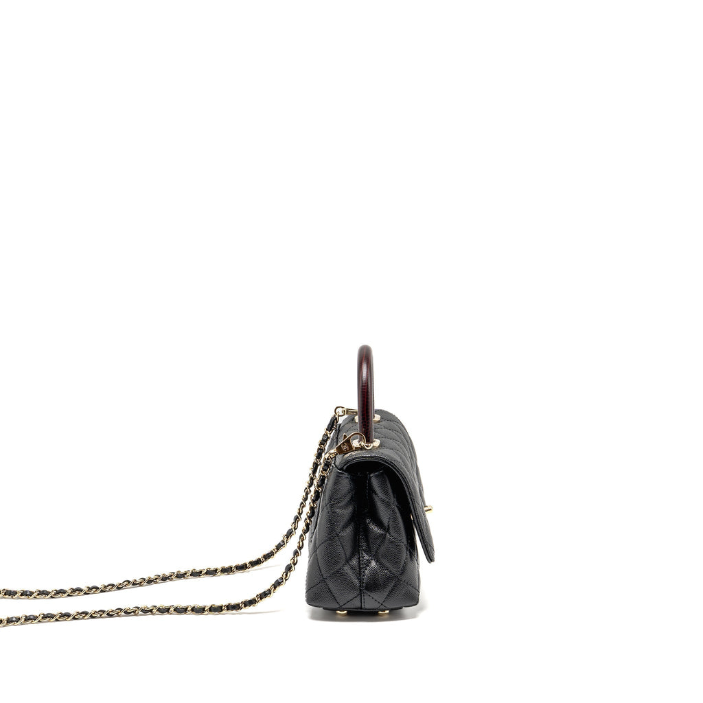 CHANEL MINI COCO HANDLE CAVIAR BLACK / BURGUNDY HANDLE LGHW (MICROCHIP)