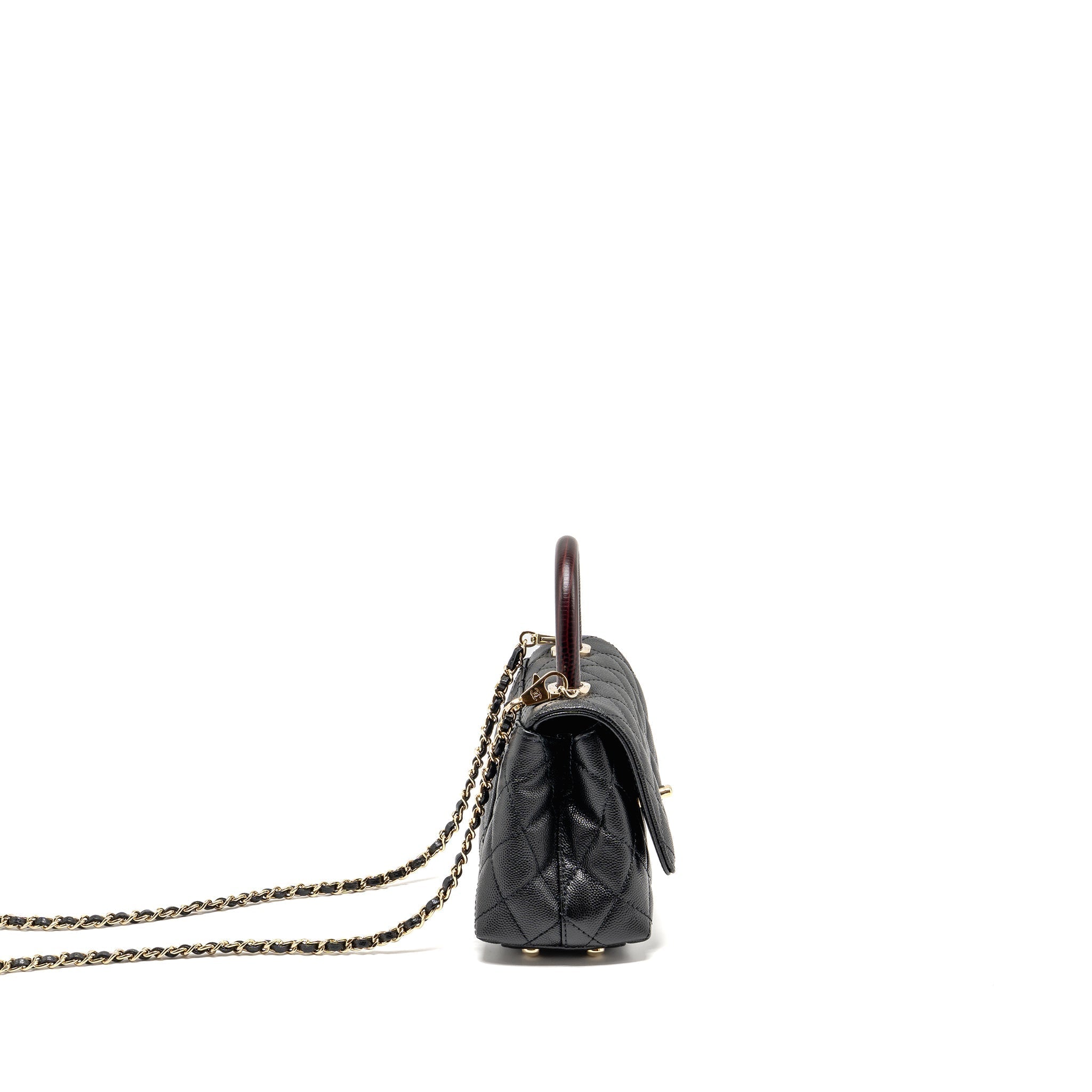 CHANEL MINI COCO HANDLE CAVIAR BLACK / BURGUNDY HANDLE LGHW (MICROCHIP)