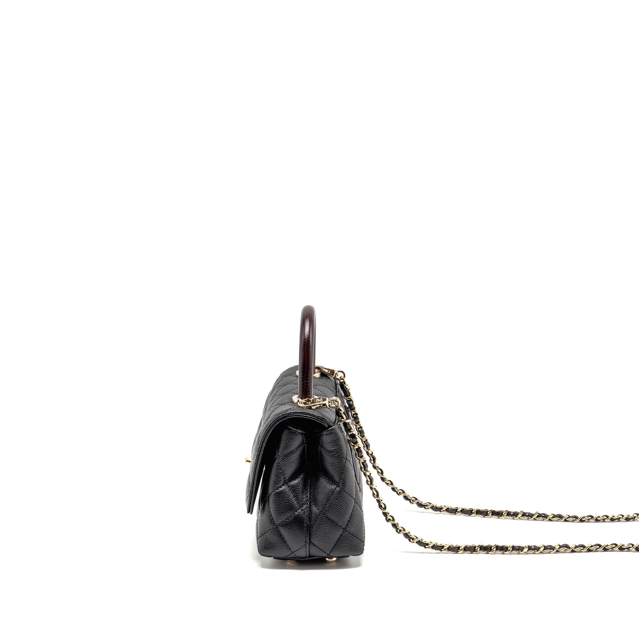 CHANEL MINI COCO HANDLE CAVIAR BLACK / BURGUNDY HANDLE LGHW (MICROCHIP)