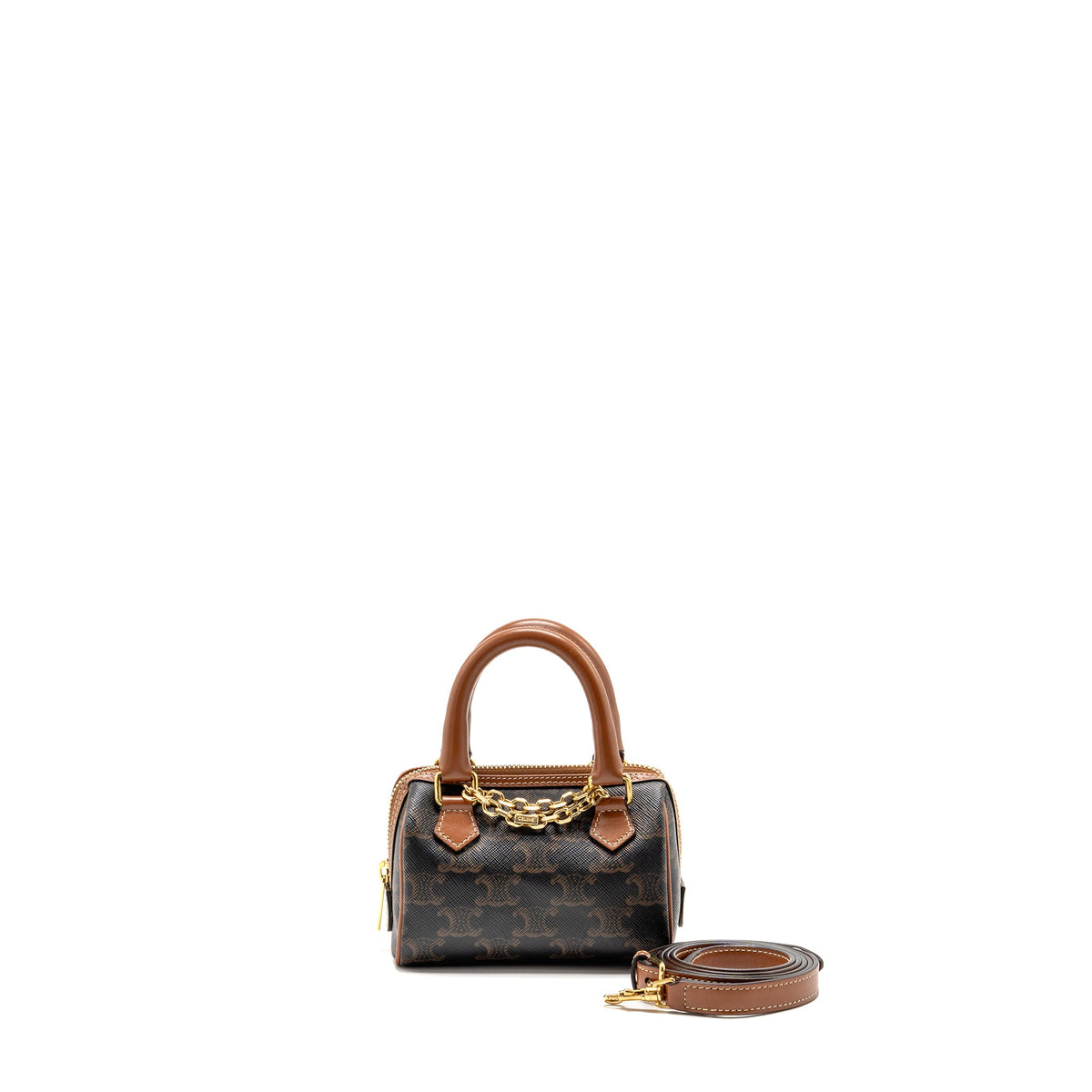 Celine Mini Boston Bag Triomphe Canvas / Calfskin Tan GHW