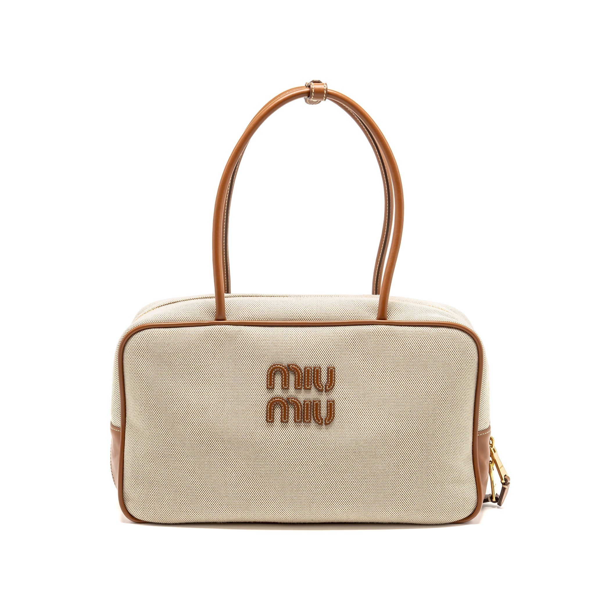 MIU MIU BEAU BAG CANVAS/ LEATHER BEIGE/ BRANDY GHW