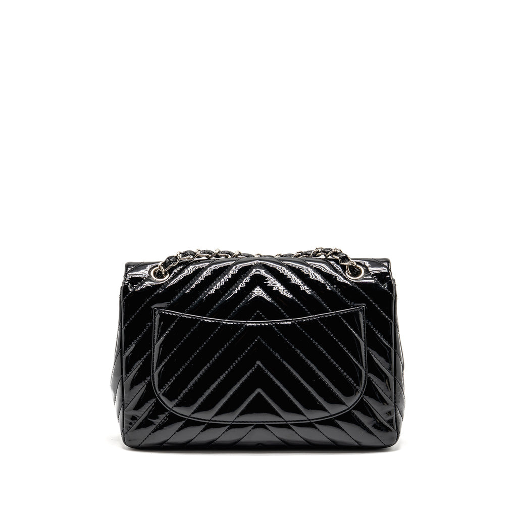 CHANEL CHEVRON JUMBO SINGLE FLAP BAG PATENT BLACK SHW