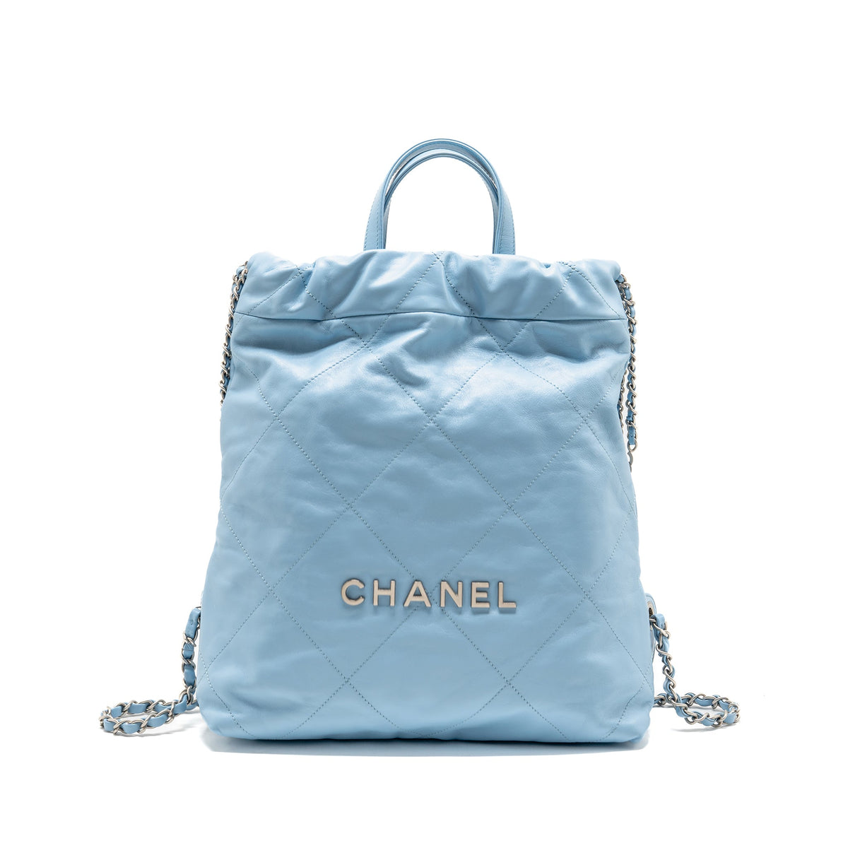 Chanel Small 22 Backpack Shiny Calfskin Sky Blue Brushed SHW (Microchip)