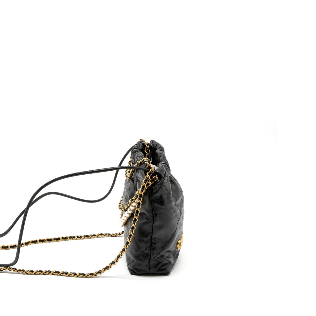 CHANEL 23S MINI 22 BAG WITH PEARL SHINY CALFSKIN BLACK BRUSHED GHW (MICROCHIP)