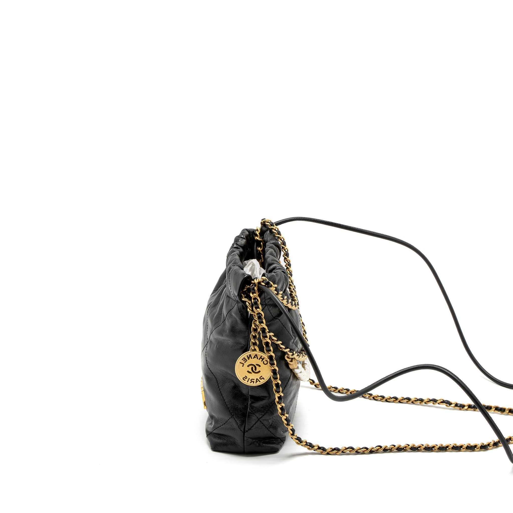CHANEL 23S MINI 22 BAG WITH PEARL SHINY CALFSKIN BLACK BRUSHED GHW (MICROCHIP)
