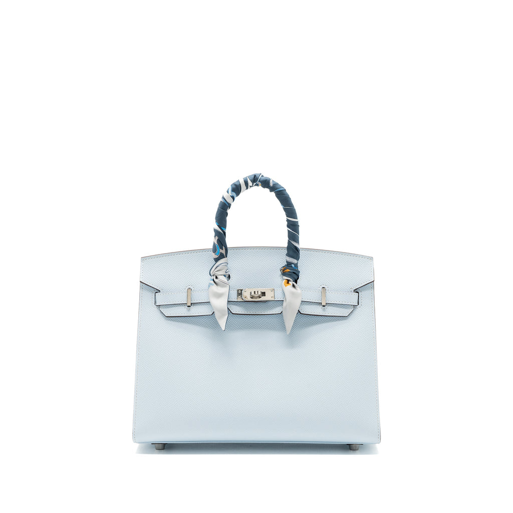 Hermes Birkin 25 Epsom Blue Brume SHW With An Extra Hermes Twilly
