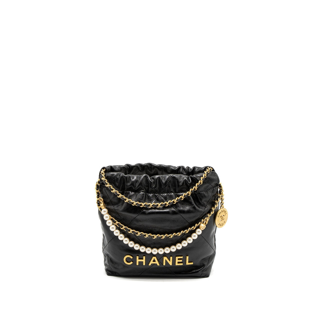 CHANEL 23S MINI 22 BAG WITH PEARL SHINY CALFSKIN BLACK BRUSHED GHW (MICROCHIP)