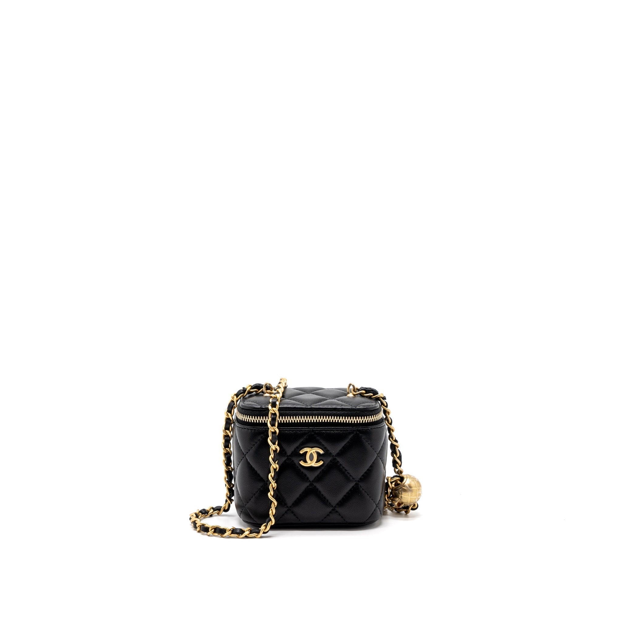 CHANEL PEARL CRUSH MINI VANITY WITH CHAIN LAMBSKIN BLACK BRUSHED GHW (MICROCHIP)