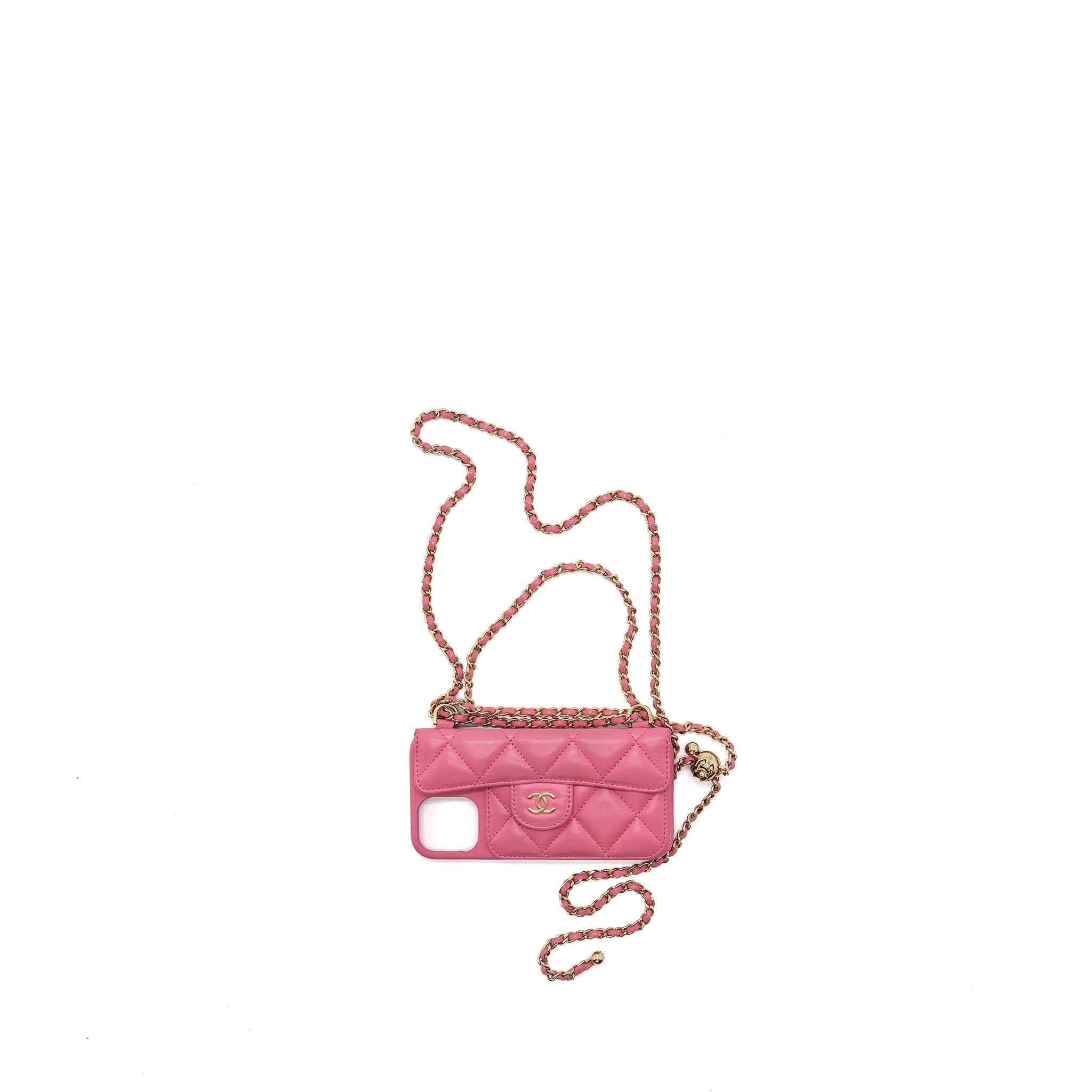 CHANEL 21P PEARL CRUSH PHONE CASE WITH CHAIN FOR IPHONE 12 LAMBSKIN PINK LGHW