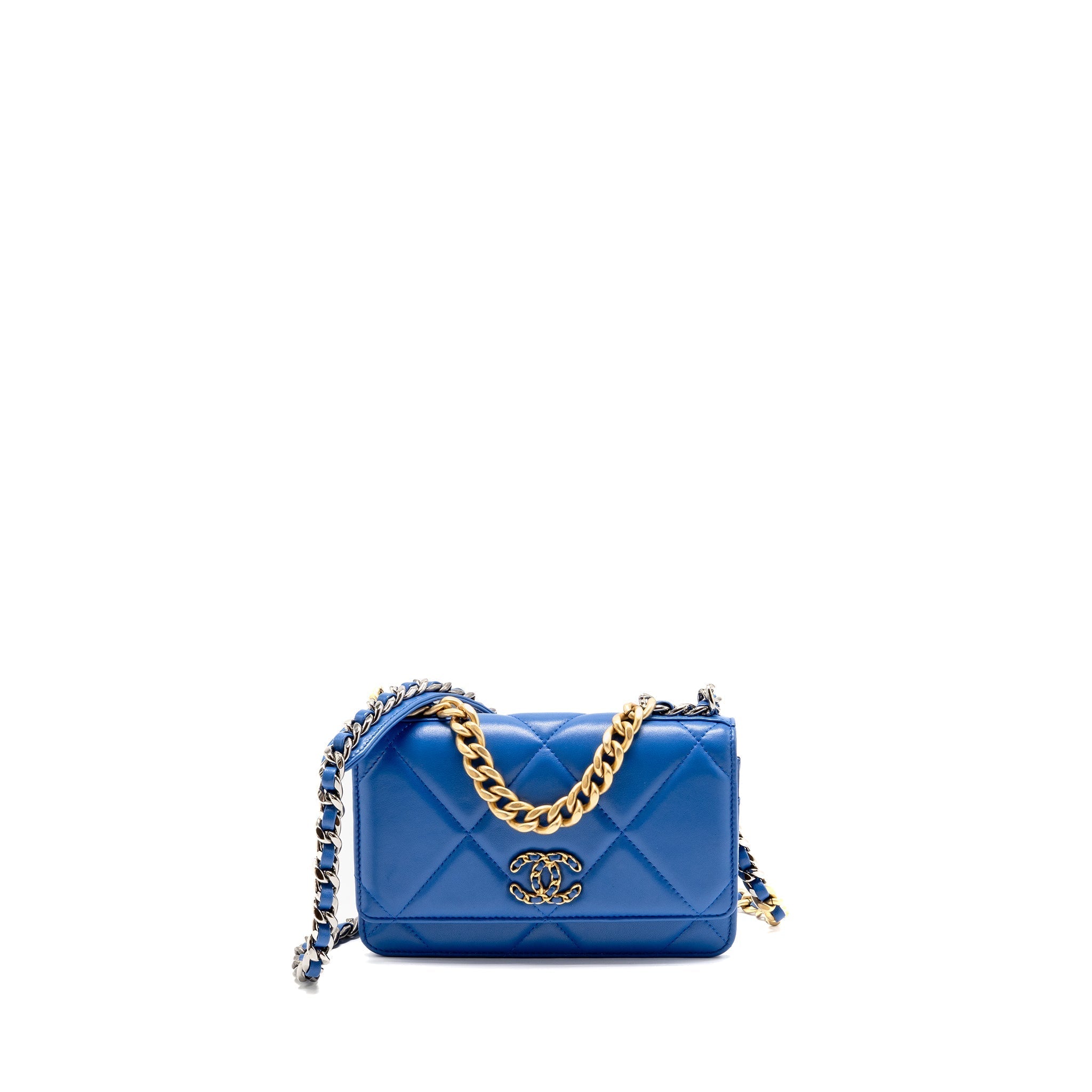 CHANEL 19 WALLET ON CHAIN LAMBSKIN BLUE MULTICOLOUR HARDWARE