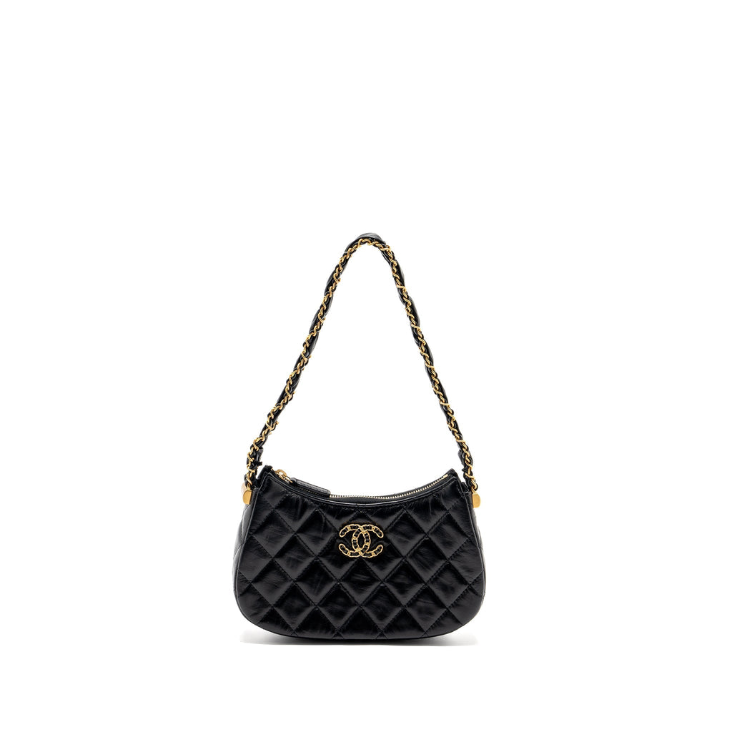CHANEL 23K SMALL HOBO SHOULDER BAG CALFSKIN BLACK GHW (MICROCHIP)