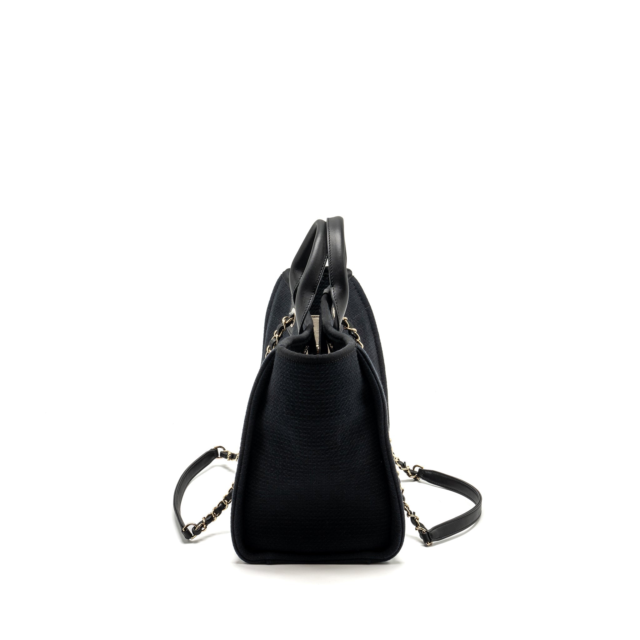 CHANEL SMALL DEAUVILLE SHOPPING TOTE BAG CALFSKIN/FABRIC BLACK LGHW (MICROCHIP)