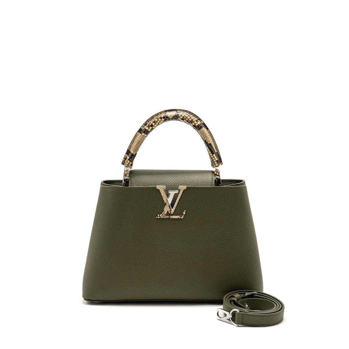 LOUIS VUITTON CAPUCINES MM CALFSKIN / PYTHON HANDLE MULTICOLOR OLIVE GREEEN / NATURAL SHW