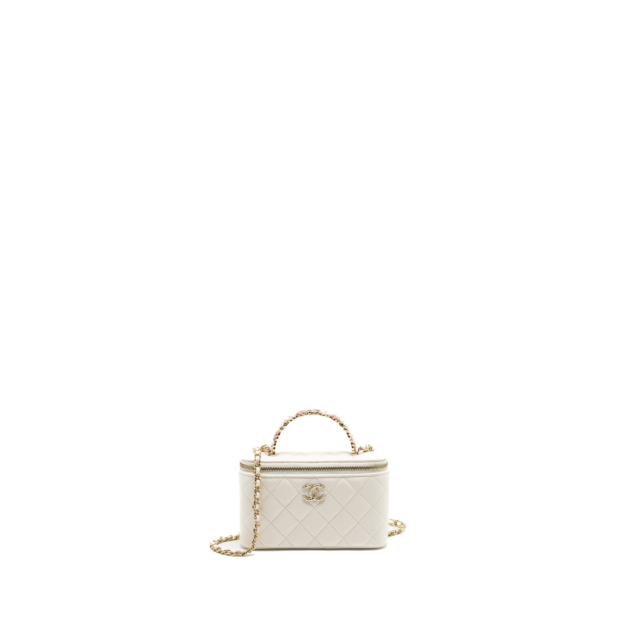 CHANEL 23K CAMELLIA TOP HANDLE LONG VANITY CASE WITH CHAIN CALFSKIN WHITE LGHW (MICROCHIP)