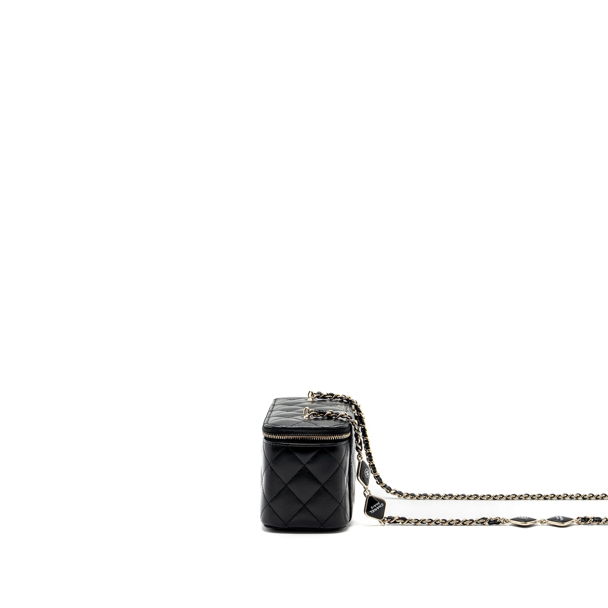 CHANEL LONG VANITY CASE WITH CHARMS CHAIN CALFSKIN BLACK LGHW (MICROCHIP)