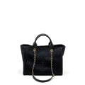 CHANEL SMALL DEAUVILLE SHOPPING TOTE BAG CALFSKIN/FABRIC BLACK LGHW (MICROCHIP)