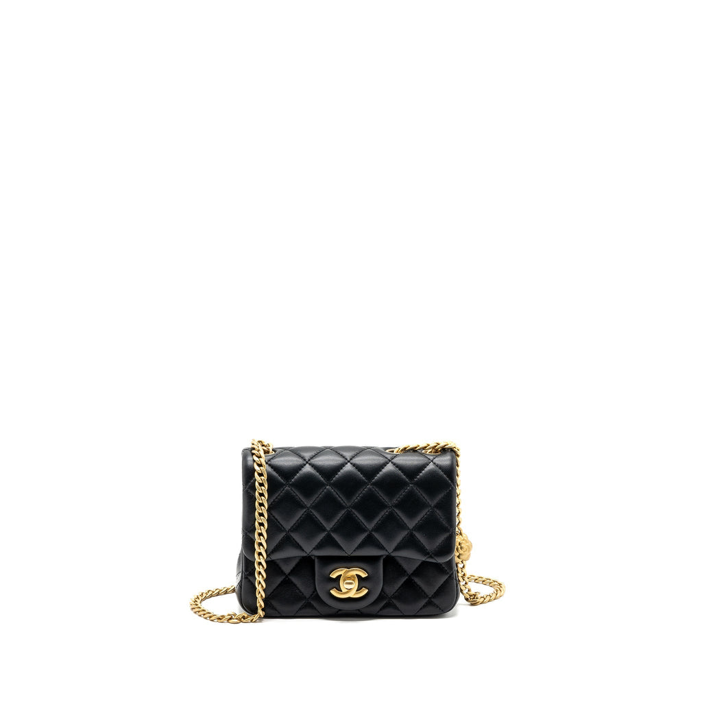 CHANEL CAMELLIA ADJUSTABLE CHAIN MINI SQUARE FLAP BAG LAMBSKIN BLACK GHW (MICROCHIP)
