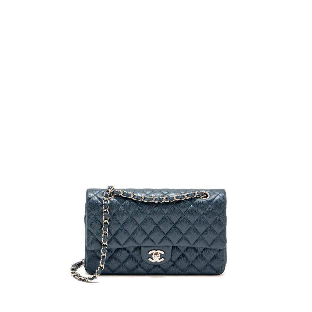 CHANEL MEDIUM CLASSIC DOUBLE FLAP BAG CAVIAR METALLIC DARK BLUE SHW