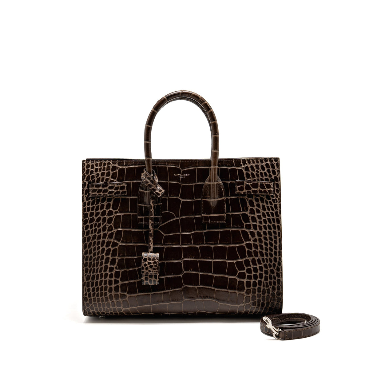 Saint Laurent sac de jour tote croc embossed calfskin brown SHW