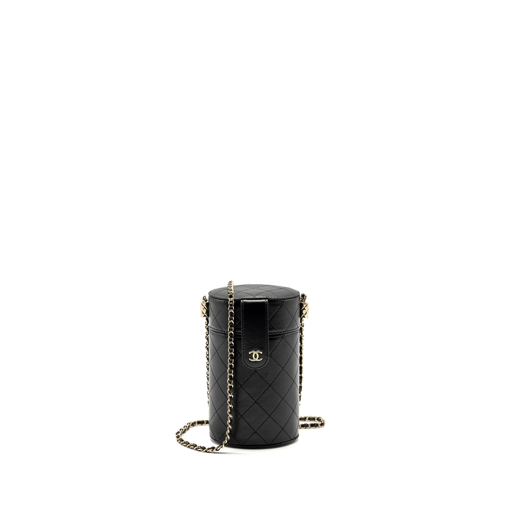 CHANEL CC ROUND VANITY CASE WITH CHAIN LAMBSKIN BLACK LGHW