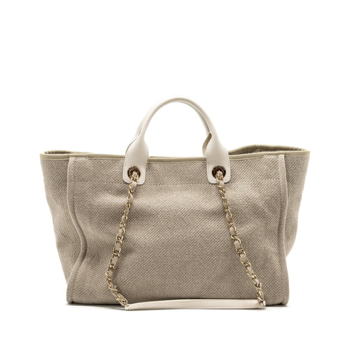 CHANEL DEAUVILLE BAG CANVAS/ LEATHER BEIGE/WHITE GHW (MICROCHIP)