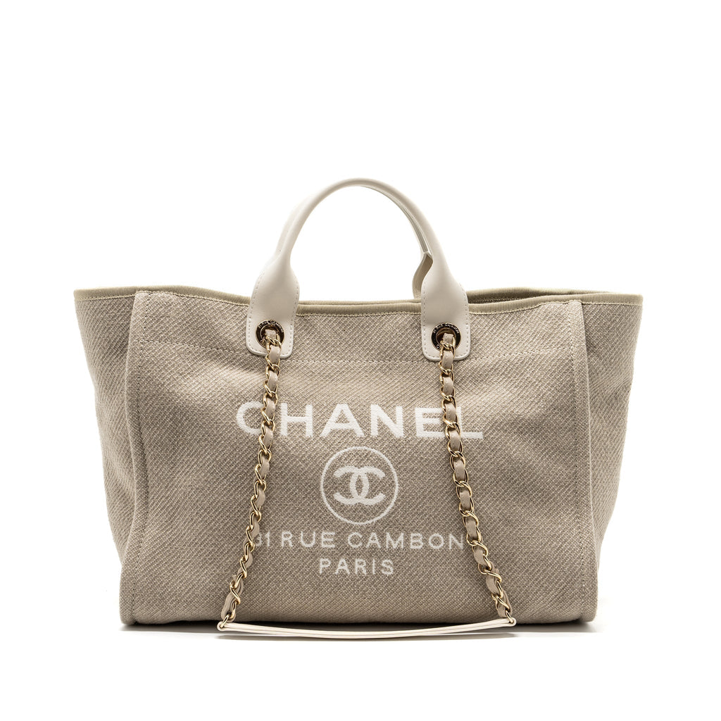CHANEL DEAUVILLE BAG CANVAS/ LEATHER BEIGE/WHITE GHW (MICROCHIP)