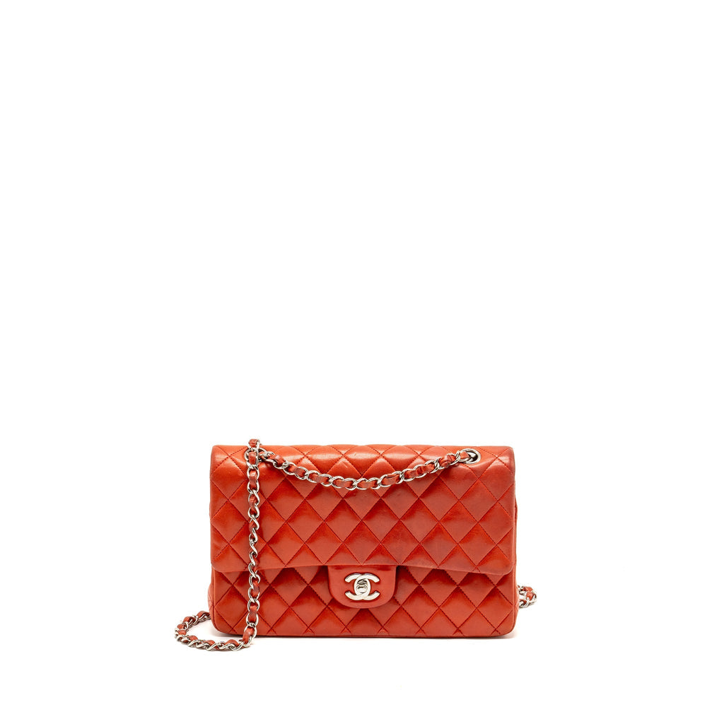 CHANEL MEDIUM CLASSIC DOUBLE FLAP BAG LAMBSKIN RED SHW