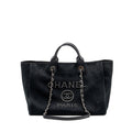 CHANEL LARGE DEAUVILLE BLACK-STUDDED TOTE BAG CANVAS/LEATHER BLACK SHW