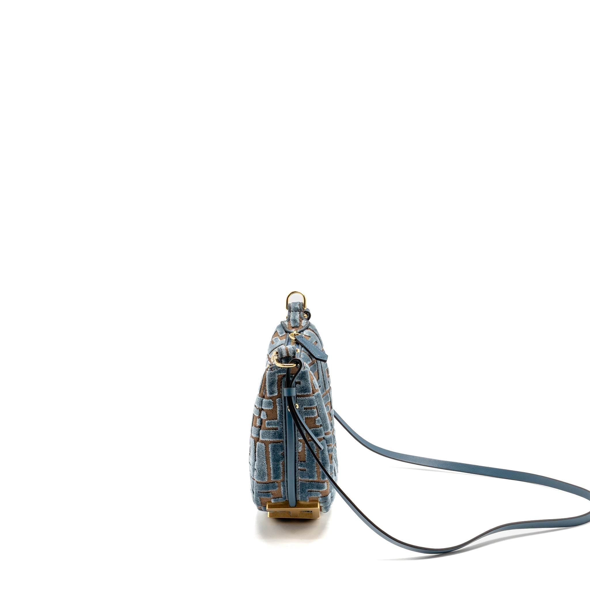 FENDI FENDIGRAPHY MINI BAG FF JACQUARD VELVET LIGHT BLUE/BROWN GHW