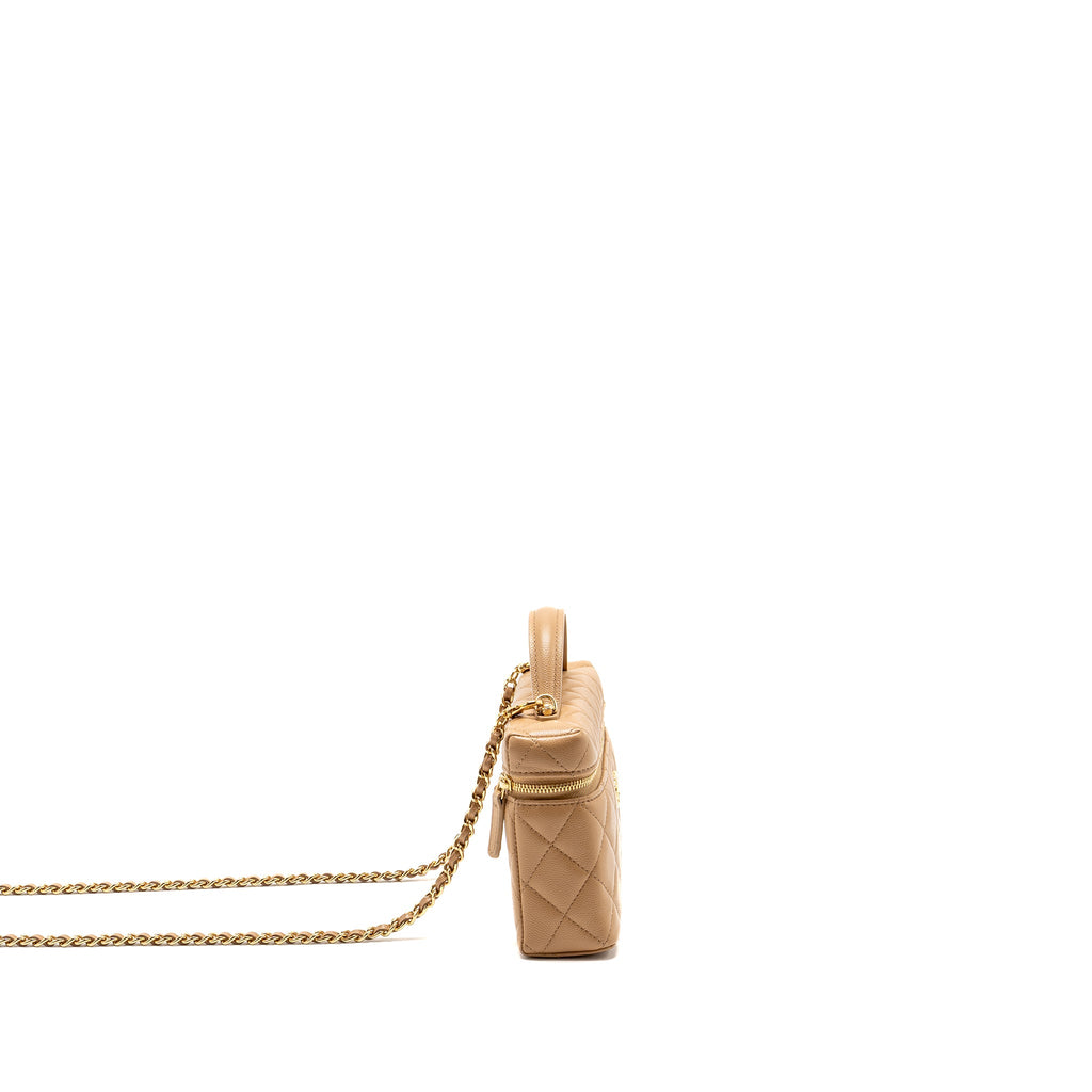 Chanel top handle vanity clutch with chain caviar beige LGHW (microchip)