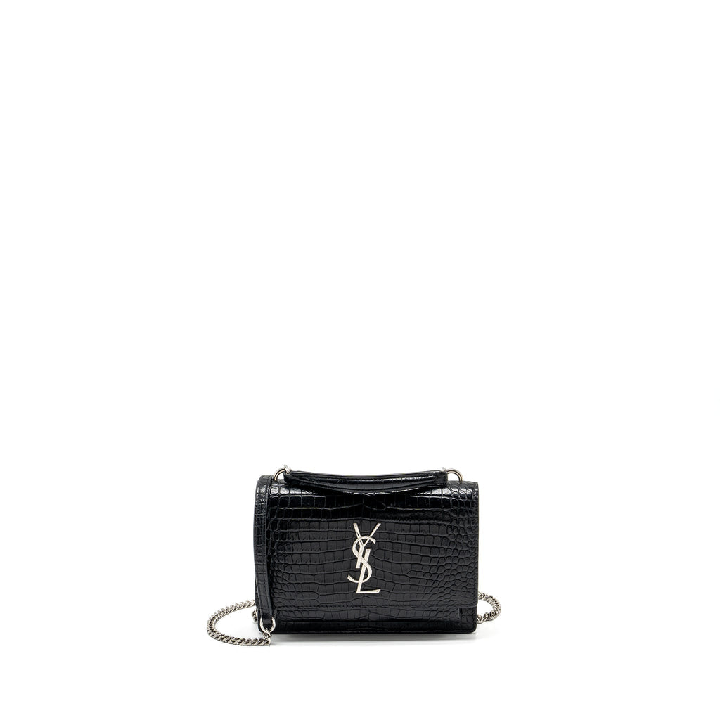 SAINT LAURENT/YSL SUNSET BAG CROC-EMBOSSED CALFSKIN BLACK SHW