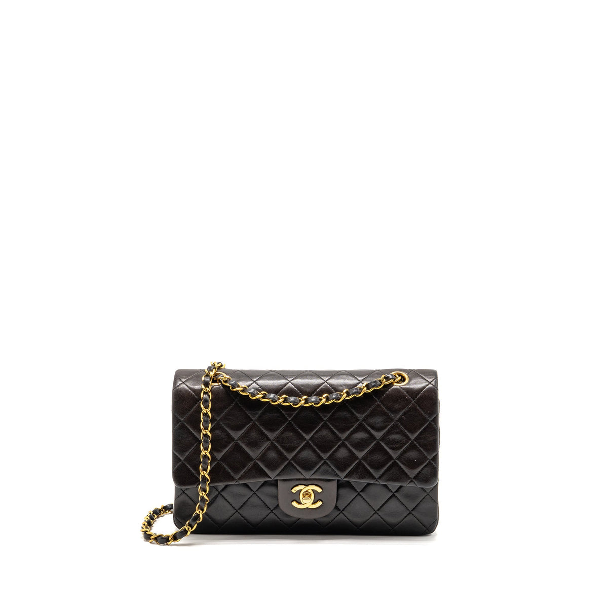 Chanel vintage medium classic double flap bag lambskin dark brown GHW