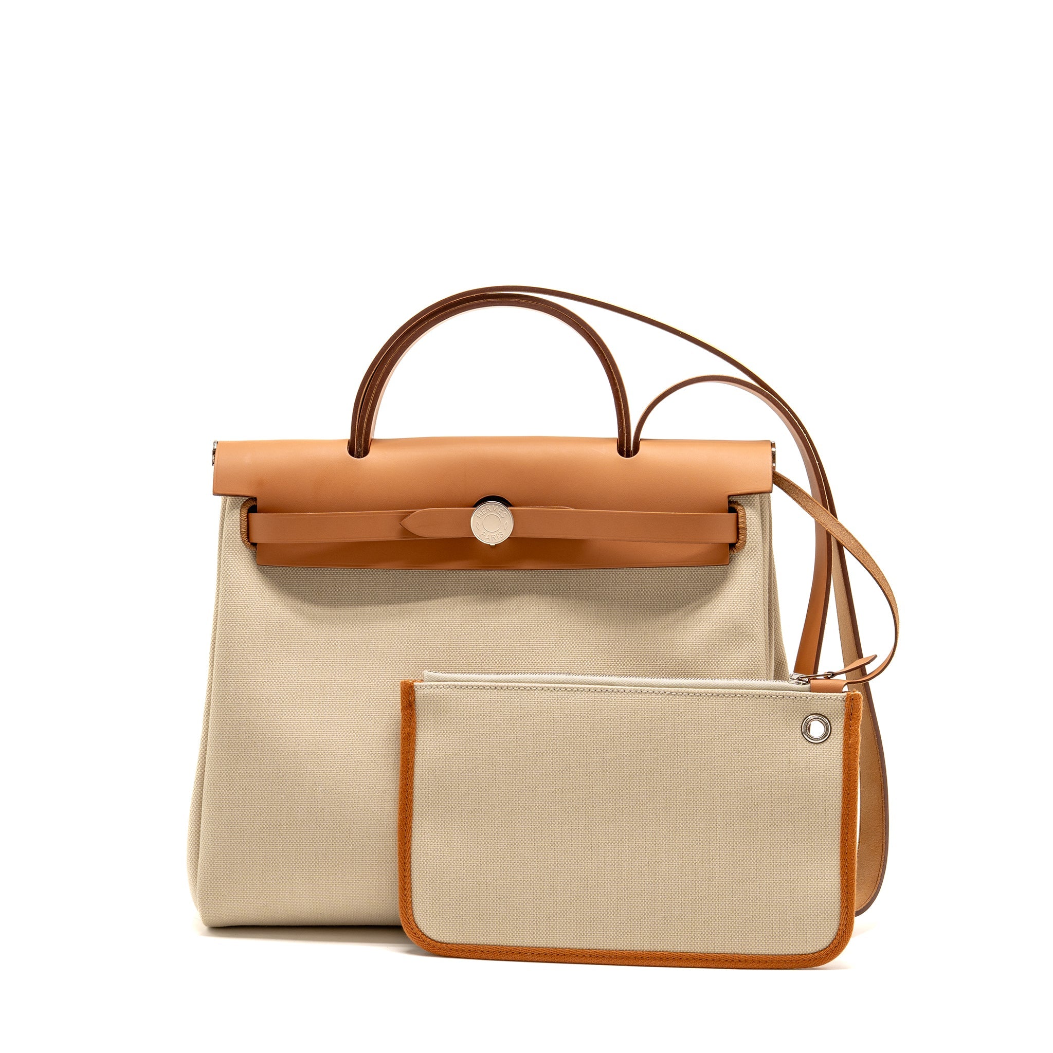 HERMES HERBAG 31 ZIP BAG CANVAS/HUNTER LEATHER BETON/NATURE SHW