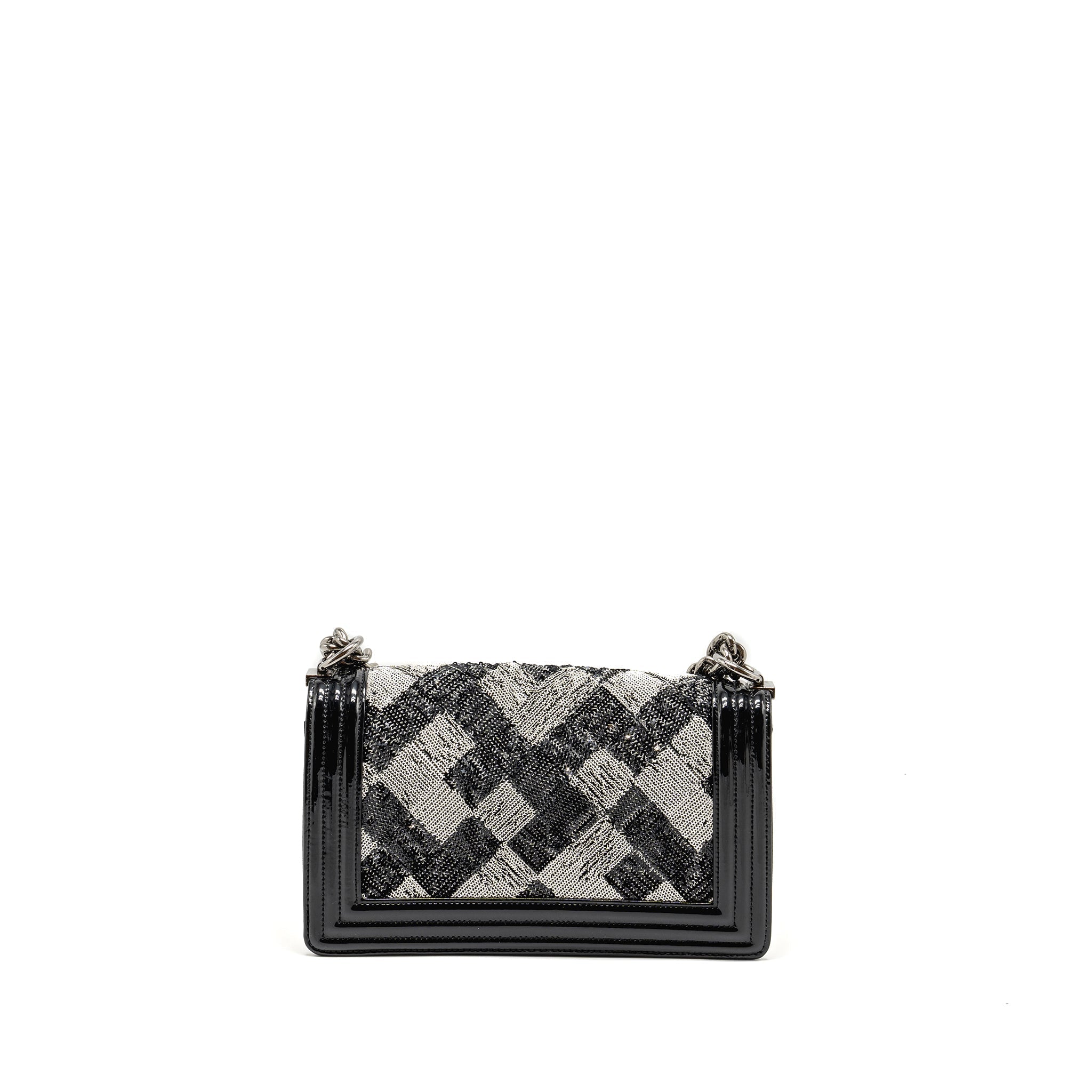 CHANEL MEDIUM BOY BAG SEQUIN/PATENT BLACK/WHITE SHW