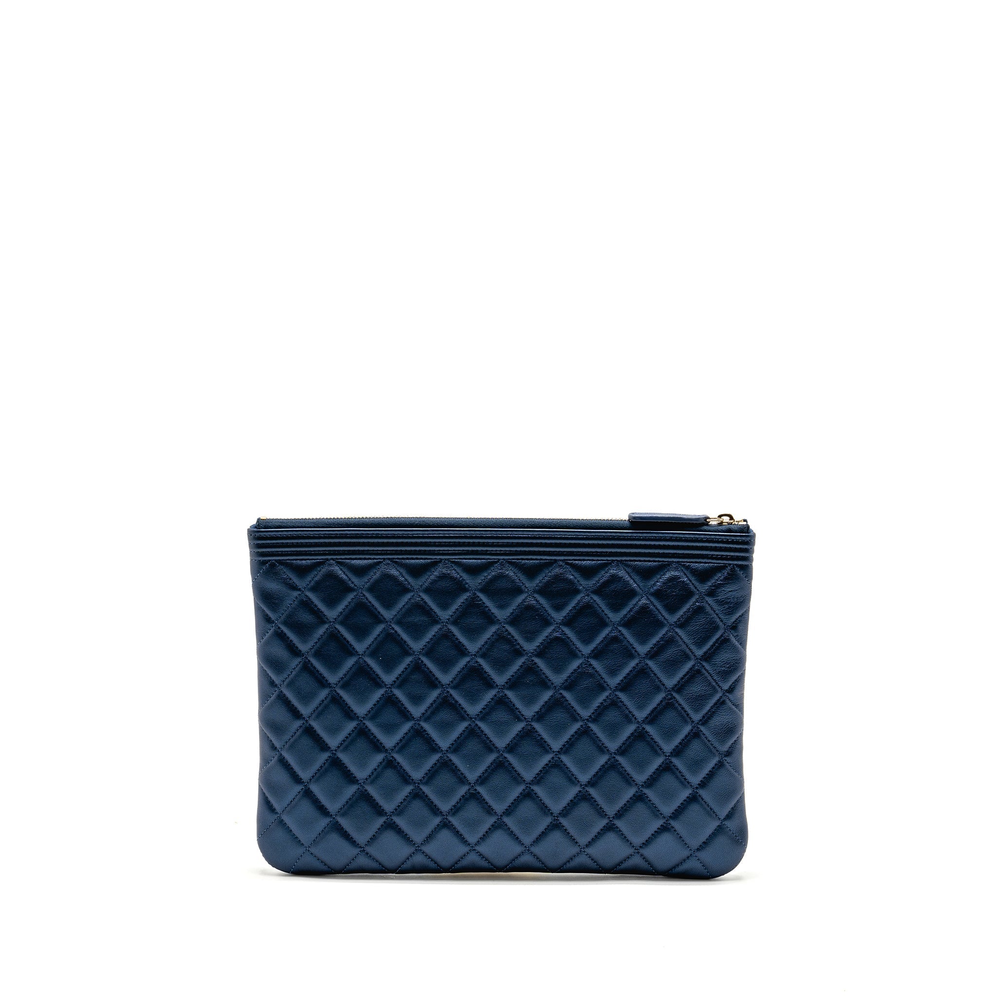 CHANEL BOY CLUTCH CALFSKIN PEARLY BLUE GHW