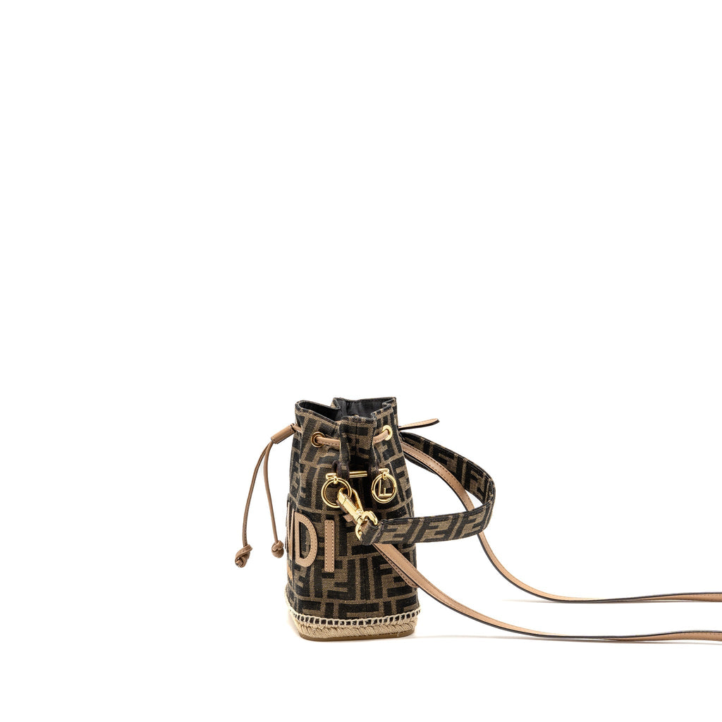 FENDI MINI MON TRESOR BUCKET BAG FF JACQUARD RAFFIA/FABRIC/CALFSKIN BROWN GHW