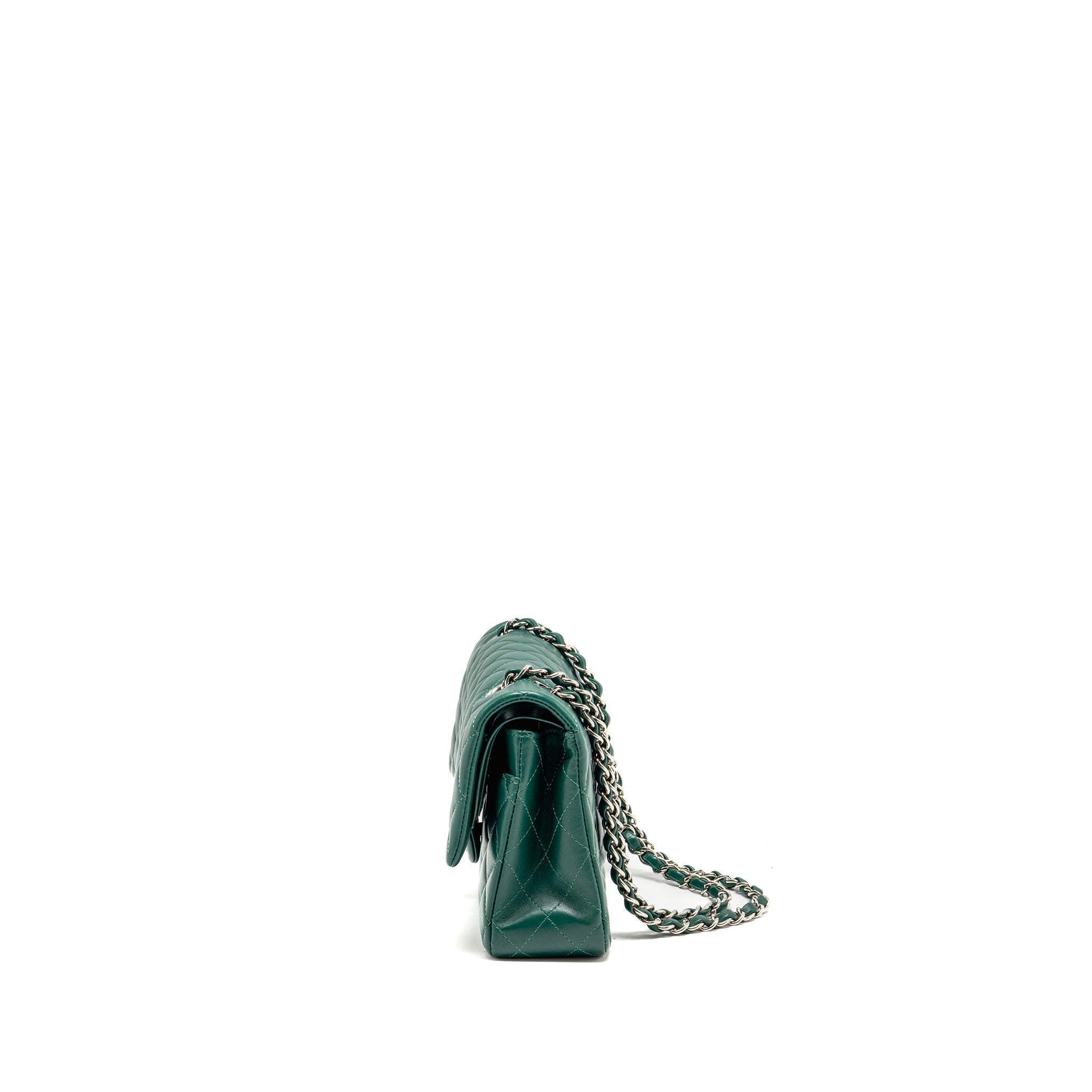 CHANEL MEDIUM CLASSIC DOUBLE FLAP BAG LAMBSKIN GREEN SHW