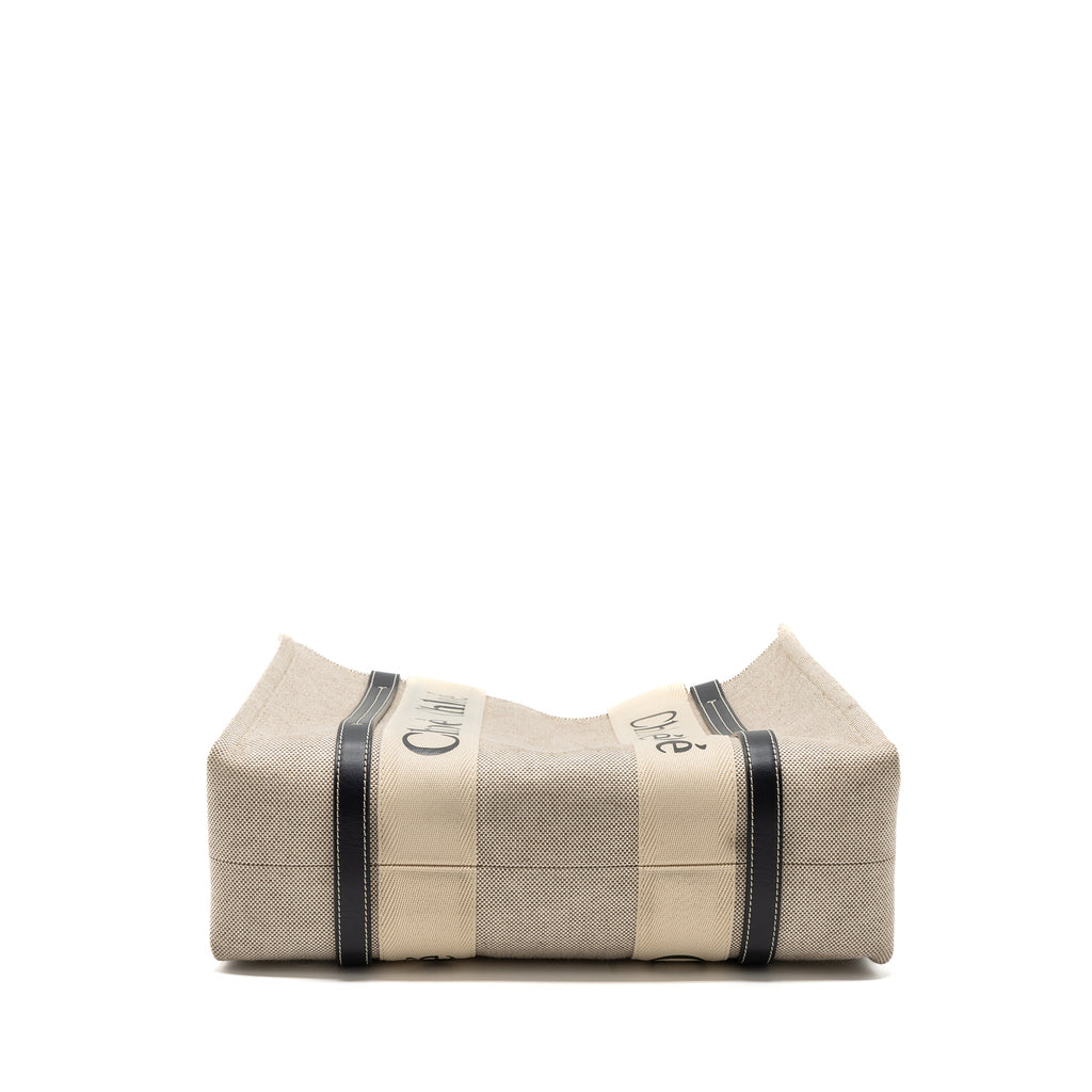 CHLOE MEDIUM WOODY TOTE BAG CANVAS/CALFSKIN WHITE/BLUE