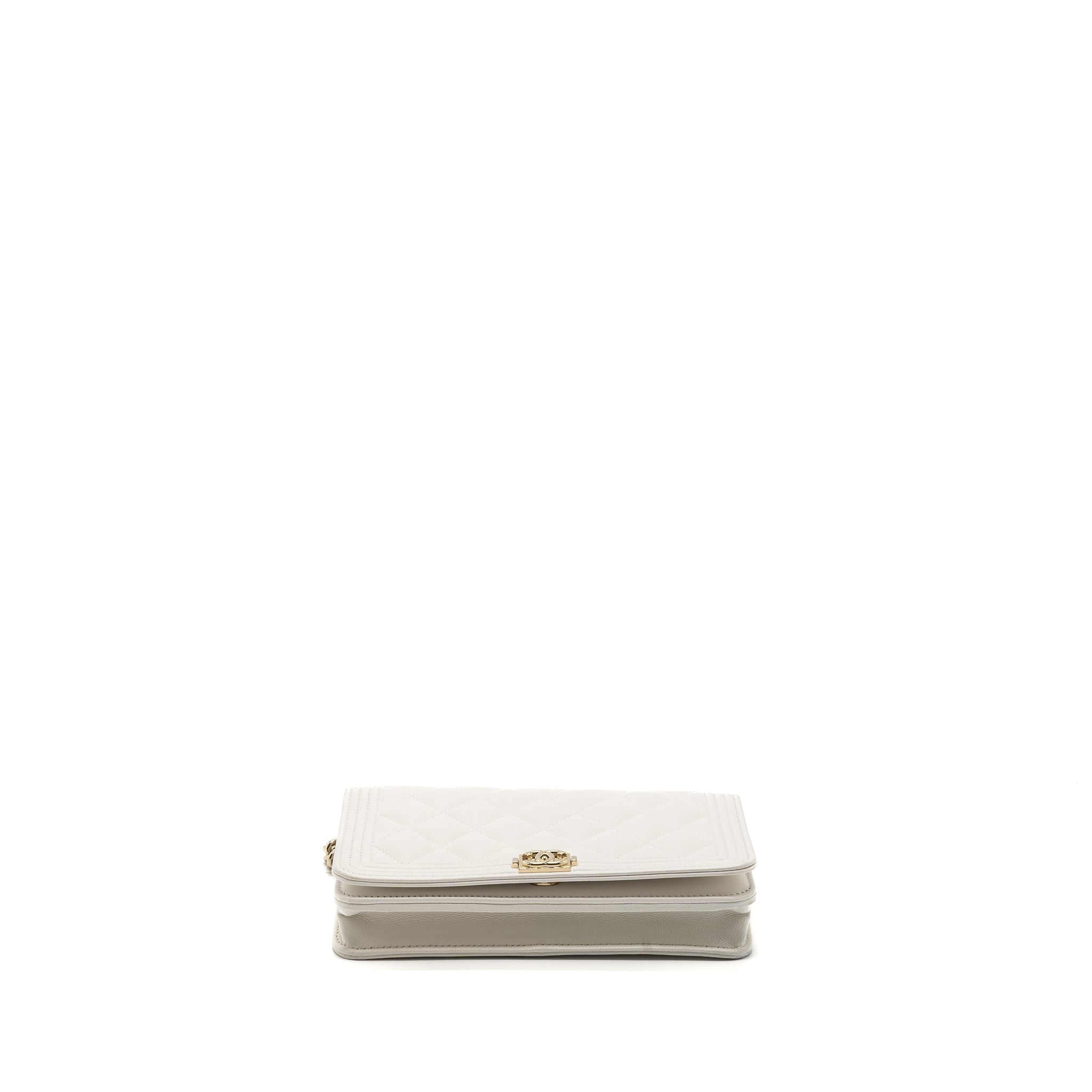 CHANEL BOY WALLET ON CHAIN CAVIAR WHITE LGHW (MICROCHIP)