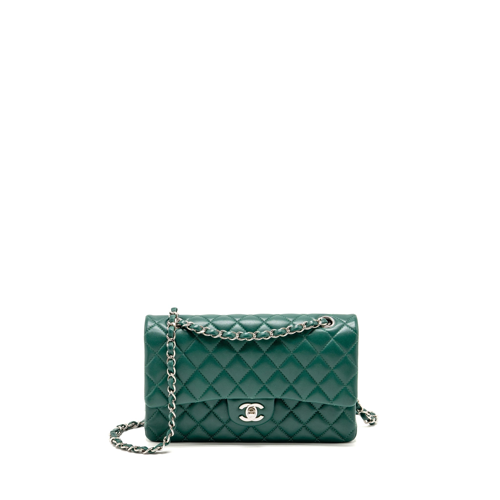 CHANEL MEDIUM CLASSIC DOUBLE FLAP BAG LAMBSKIN GREEN SHW